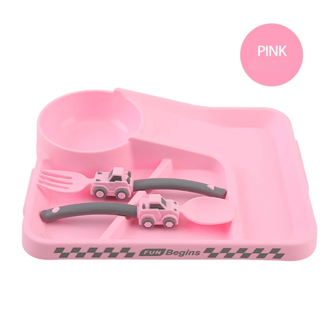 Baby Tableware Set Baby Tableware Set Spoon Fork Dinner Plate Children Racing Version Feeding Tableware Cartoon Car Design BPA Free