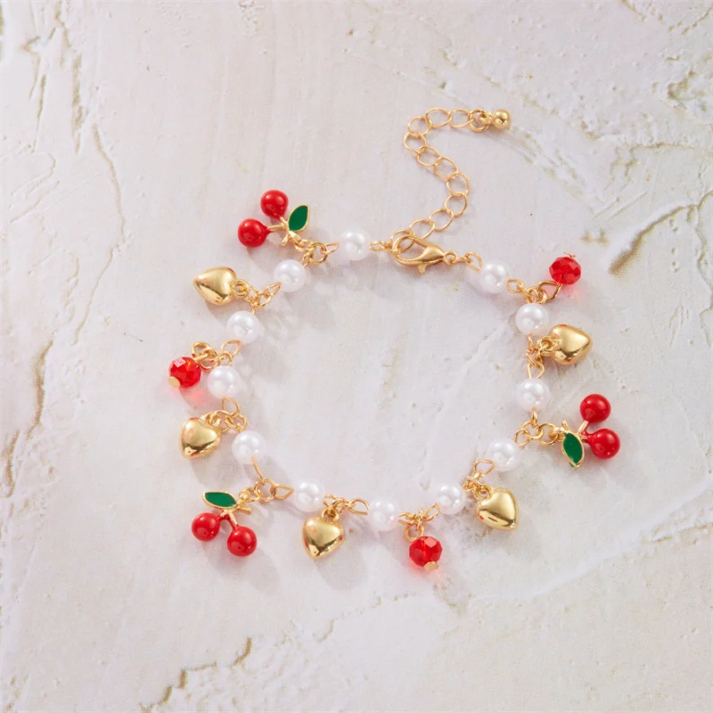 Chic Red Strawberry & Cherry Heart Pearl Charm Bracelet - Y2K Inspired Gold Chain Jewelry