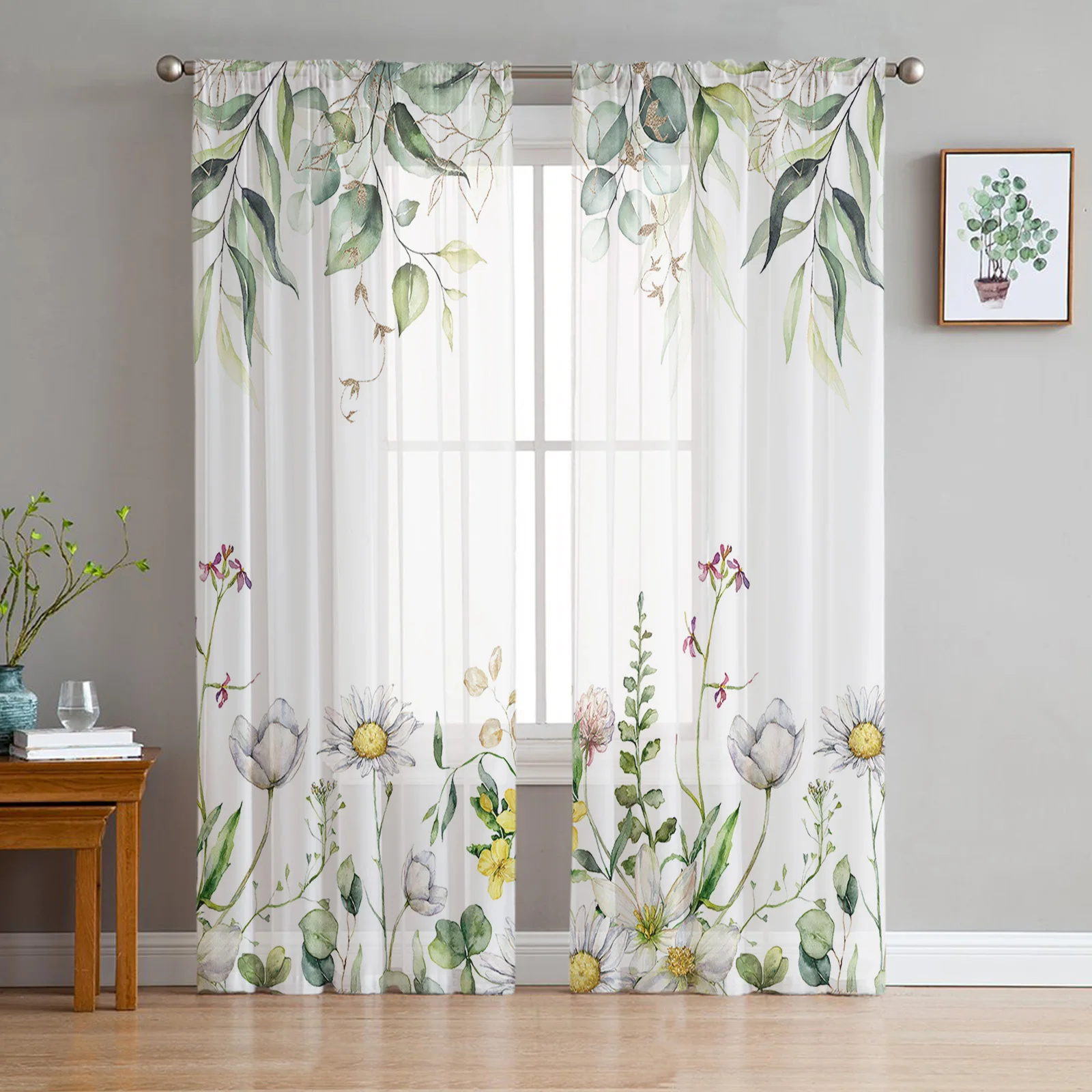 

Plant Chamomile Geranium Eucalyptus Sheer Curtains Living Room Bedroom Kitchen Decoration Window Voiles Organza Tulle Curtain