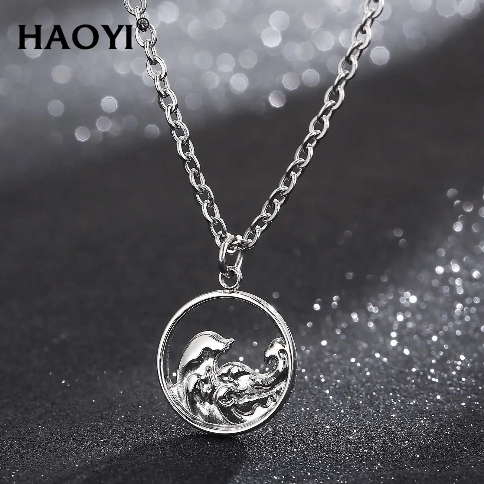 

HAOYI New Fashion Simple Stainless Steel Clavicle Chain Sea Waves Pendant Necklaces For Women Men Personality Party Jewelry Gift