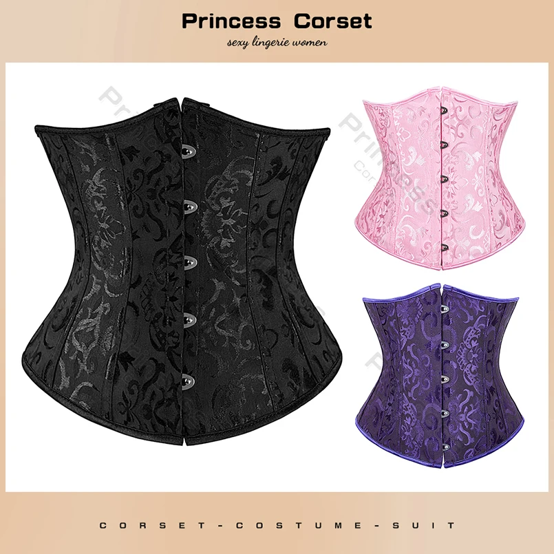 Underbust Corset Plus Size Gothic Corset Cincher Medieval Corsets for Women Jacquard Vintage Waist Corset Top Black White Purple