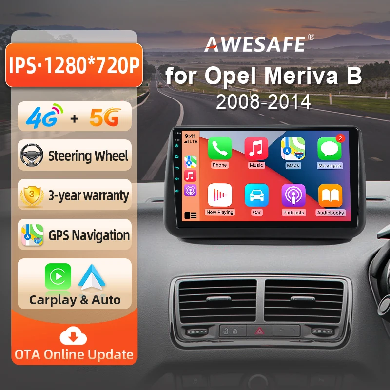 AWESAFE Radio Android de 9 pulgadas para Opel Meriva B 2010-2017, CarPlay inalámbrico y Android Auto, navegación GPS, soporte multimedia, control del volante, amplificador de subwoofer, cámara trasera con CAN-BUS, Plug and Play, DAB+, autoradio digital, radio de coche 2 DIN, estéreo RDS 1