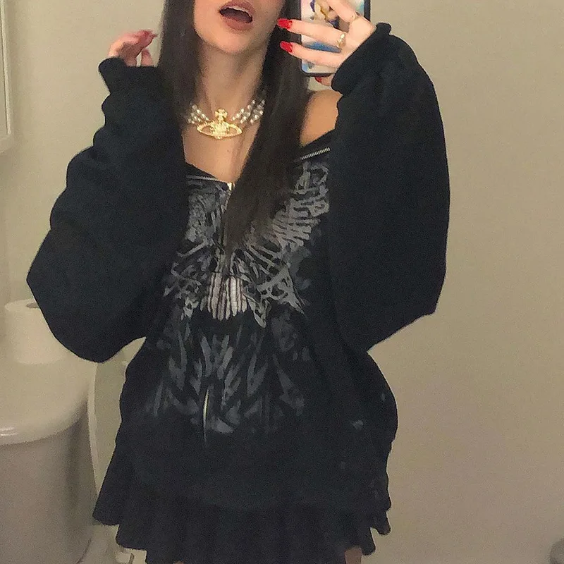 Description Picture 4 of itemGoth Butterfly Print Retro Sweatshirts E-girl Gothic Dark Academia Emo Jackets Coats 2000s Vintage Y2K Grunge Zip Up Hooides