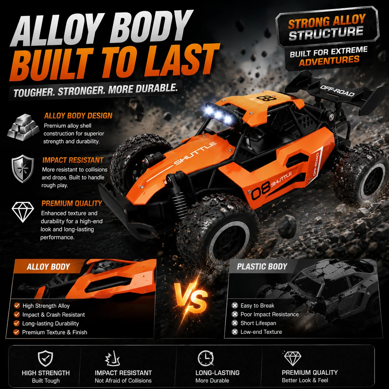 Enfant souriant tenant la télécommande d'une voiture RC 4WD 2.4GHz tout terrain, cadeau idéal.