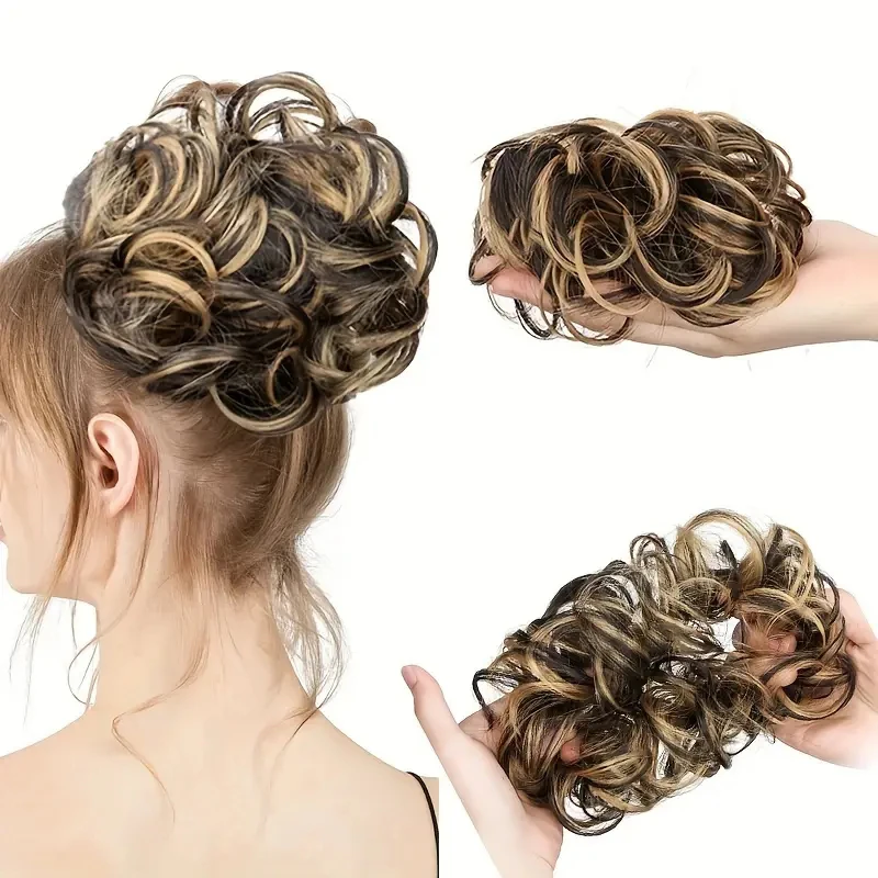 Women's Synthetic Messy Curly Hair Bun with Elastic Rubber Bands High Temperature Fiber Invisible Ponytail Wrap for All Types