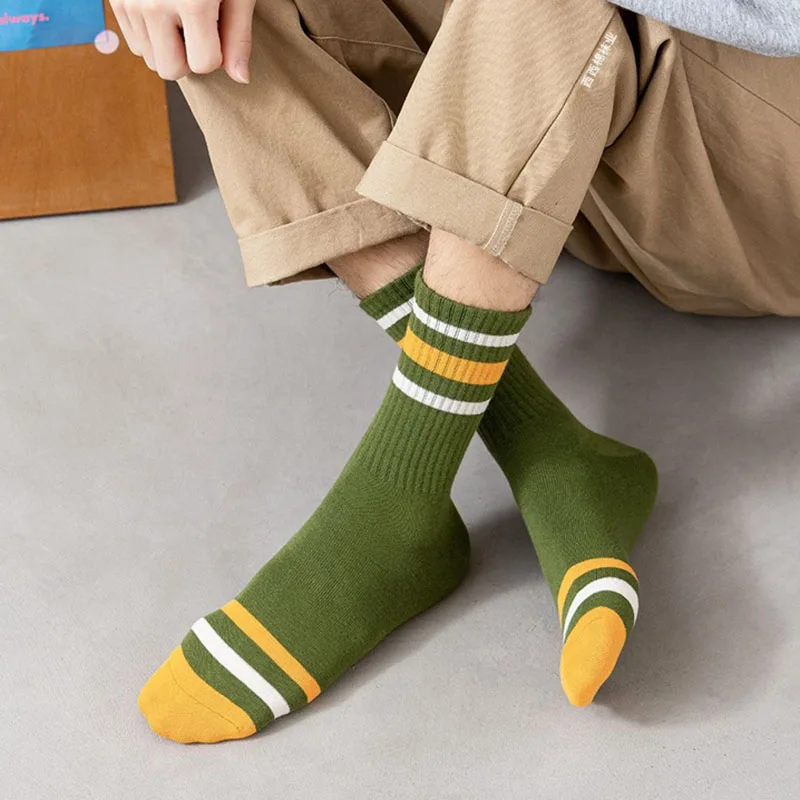5 Pairs Men Autumn And Winter Striped Sports Socks Comfortable Breathable Wear-resistant Warm Polyester Cotton Mid Tube Socks 7 Sd585accb100d48888b4e6bddb509dbc9K