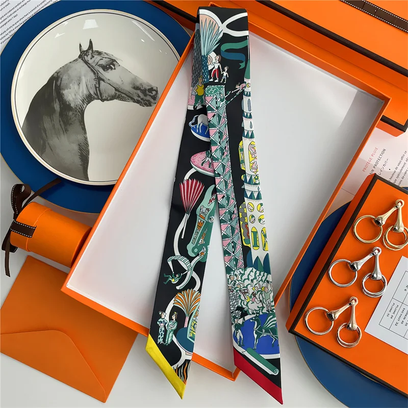 100% Silk High Quality Luxury Brand Goods Scarf Women Headband Foulard Tie Ribbon Neckerchief Skinny Scarves Hair Accessories 6