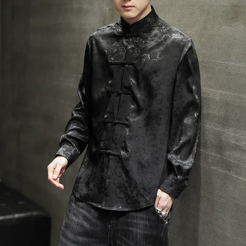 Men Chinese Style Shirt Buckle Elegant Tang Jackets Silver Mandarin Collar Blouse Red Chinese New Year Clothes Big Size Blue Satin Silk Shirts for Mens hanfu jacket