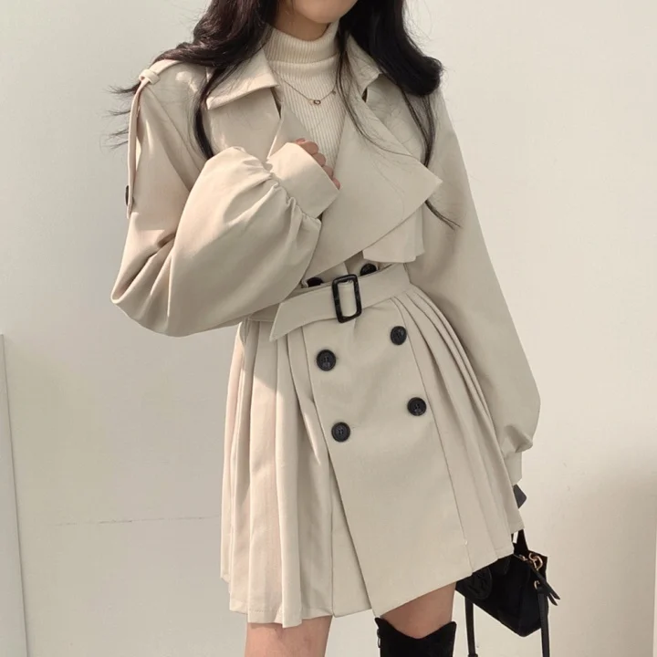 [EWQ] Korean Chic Black Lapel Double Breasted Lace Up Waist Lantern Sleeve Pleated Windbreaker Coat Female Fashion 2022 16E4792 best winter jackets