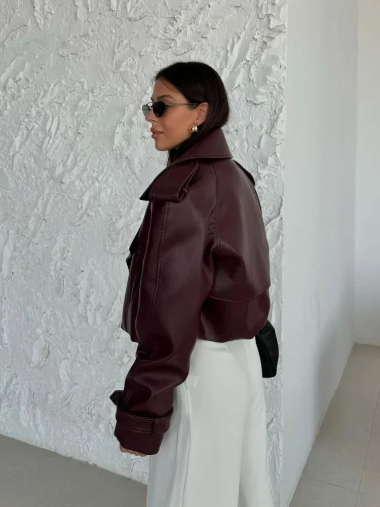Women's Red Pu Leather Burgundy Solid Lapel Cropped Jacket Female Pockets Long Sleeves Short Coat 2024 Lady Autumn Streetwear 2