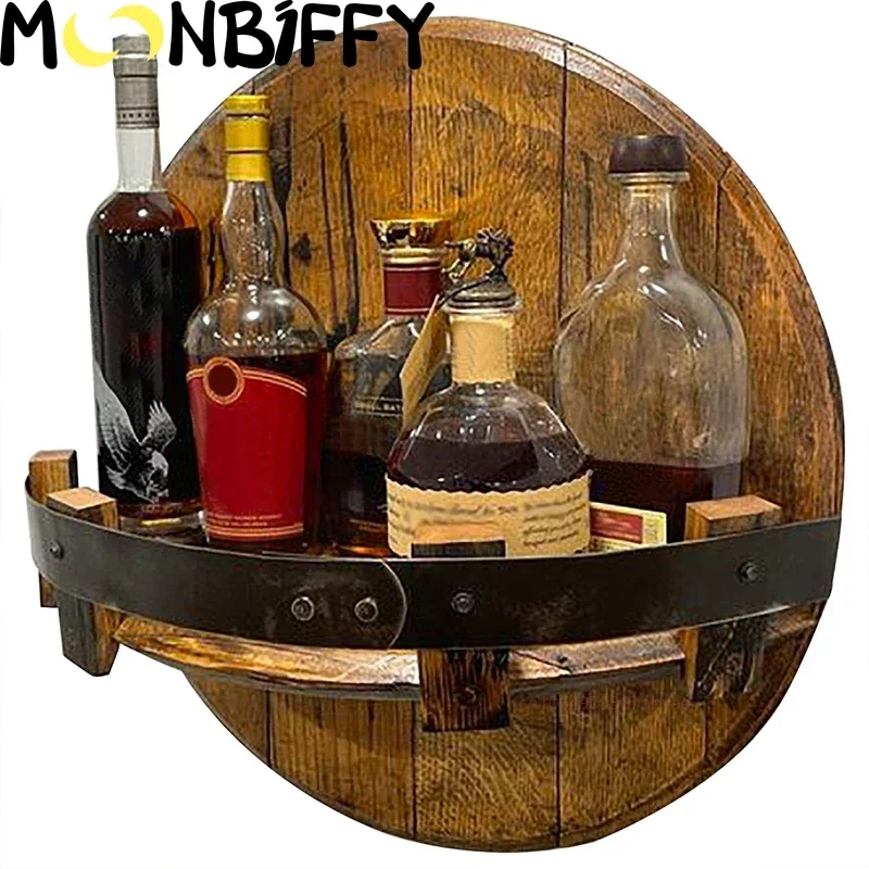 BarVintageWoodenWineBottleHolderRoundShelfWallDisplayDecorRackWallMountWhiskey