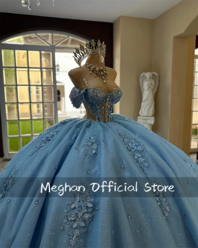 Blue Bead Appliques Quinceanera Dresses Ball Gown 3D Flower Birthday Luxury Dress Off The Shoulder Formal Gown Customized