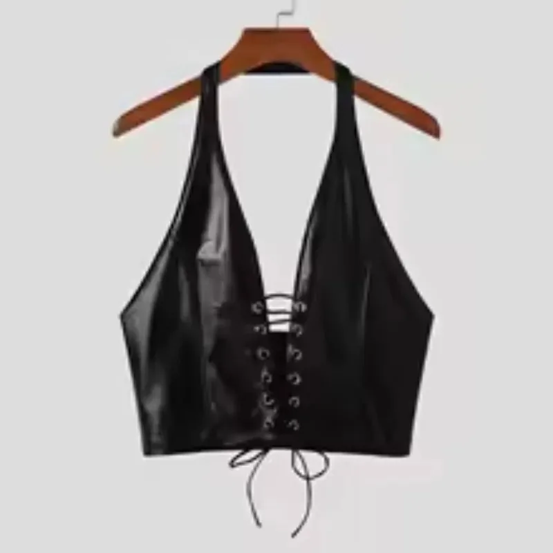 Sexy Edgy Clothes Y2k Black PU Leather Crop Top Women Sleeveless Deep V Neck Backless Camisole Party Club Vest