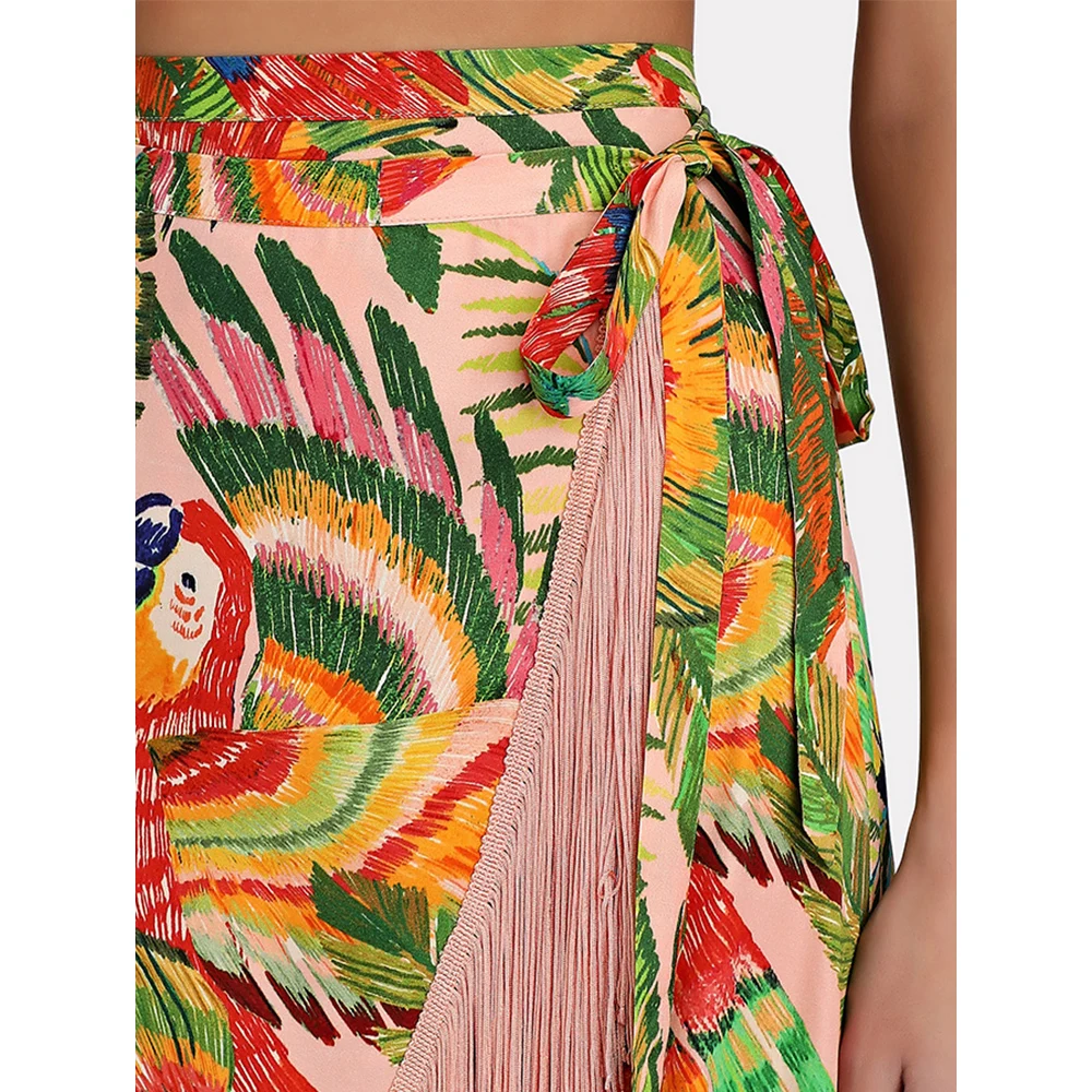 Tropical Summer Vintage One-Shoulder Swimsuit Embroidered Print Bikini and Fringe Skirt Women Sexy Lacing Up Two-Piece Swimwear