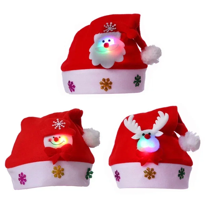 Christmas Hats LED Light Up Cap Santa Claus Hat Snowman Elk Xmas Hat for Adult Kids New Year Festive Holiday Party Supplies