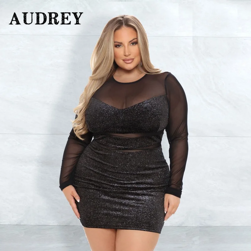 

Sexy Glitter Patchwork Mesh See Through Bodycon Mini Dress Women Long Sleeve Bright Silk Night Party Dress Plus Size Vestidos