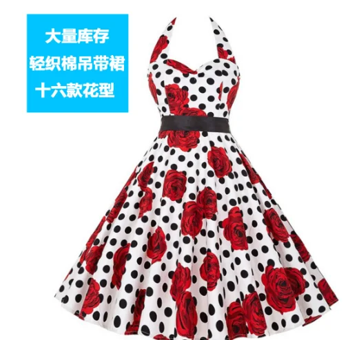 New Style Polka Dot Dress Women Vintage Swing Halter Belt 50s 60s Rockabilly Prom Party Dresses and Accessories Retro Feminino