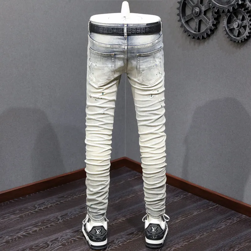Street Fashion Men Jeans Retro Washed Stretch Skinny Fit Ripped Jeans Men Painted Designer Patched Hip Hop Brand Pants Hombre
