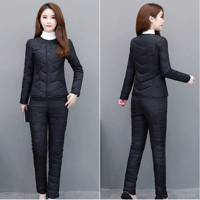 

White Duck Down Suits Womens New Middle-aged Mother Wear Warm Slim Coats Pants Plus Size Down Two-piece Sets 2022 Winter clothes