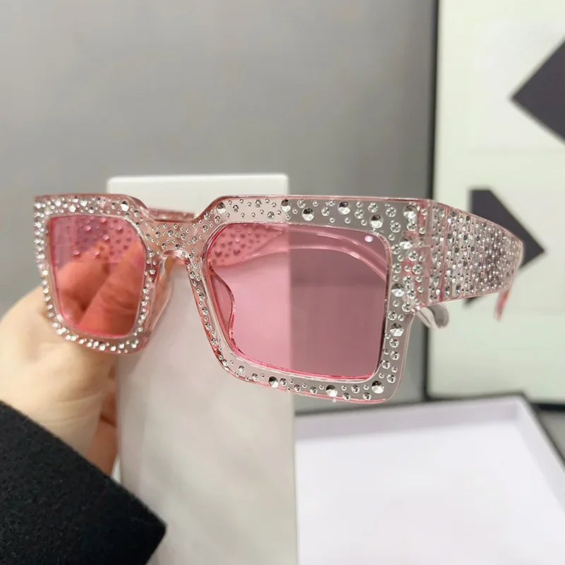 Trendige quadratische Kristall-Sonnenbrille für Damen und Herren, Strass, quadratische Diamant-Sonnenbrille, Retro-Stil, großer Rahmen, funkelnde Brille