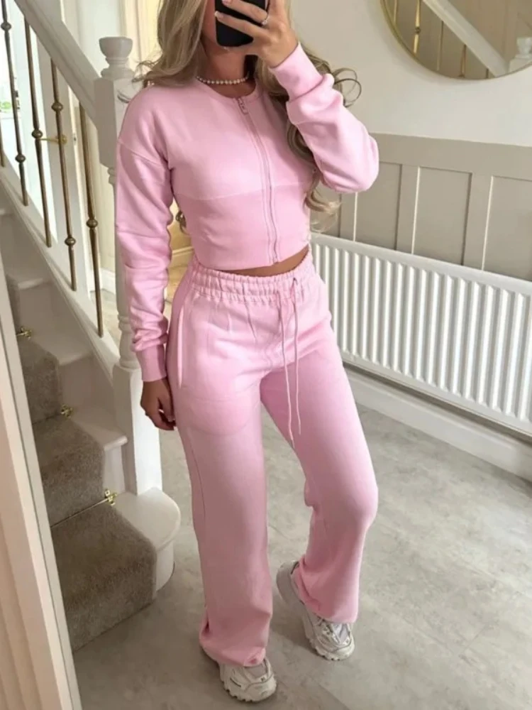 Women's Casual Sports Two-piece Set Autumn And Winter New Fashion Long-sleeved Zipper Cardigan Slim Top With Straight Pants Suit 6