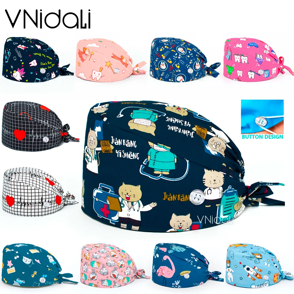 Medical Scrub Hats pet Doctors Printing whith button Scrub Caps surgery Scrubs Hat surgicals hat women's and men operating room hat veterinary cap