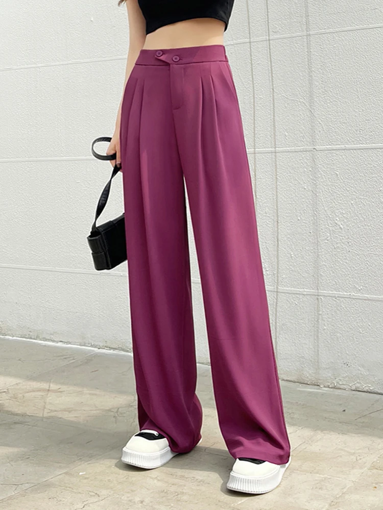 2023 Summer Woman Career Pant Office Straight Wide Leg Pants Ladies Buttons Casual Full Length Trousers Female 4 Purple S-4XL
