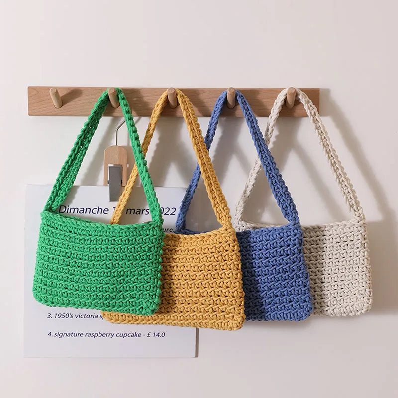 Hollow Out Hobo Bag Summer Colorful Handwoven Shoulder Strap Y2K Womens Fashion Beach Square Trendy Cute Small Straw Pocket Tote