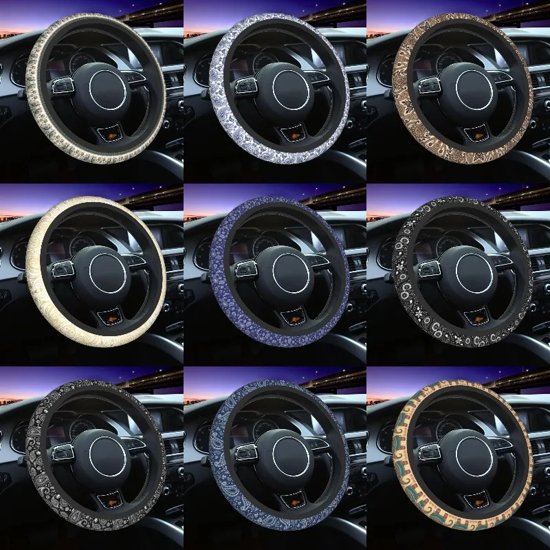 

Bright Paisley Bohemian Floral Texture Steering Wheel Covers Universal Boho Steering Wheel Protector for Sedan Car Accessories