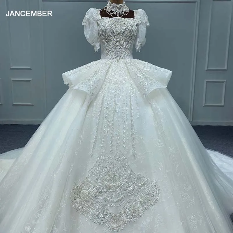 

Luxury Wedding Dress Minimalist Mesh Ball Gown Square Collar Wedding Dresses Beading Pearls MN177 Suknia ślubna