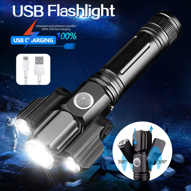 

3*T6 LED Flashlight USB Rechargeable 4 Modes Bicycle Headlight Adjustable Zoom Waterproof MTB Light with Bracket for Cycling