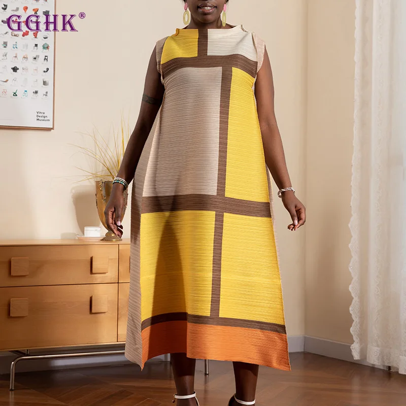 

GGHK Miyake Pleated Dress 2023 New Temperament Mom Dress Loose Large Size Pressed Pleated Organza Pleated Skirt