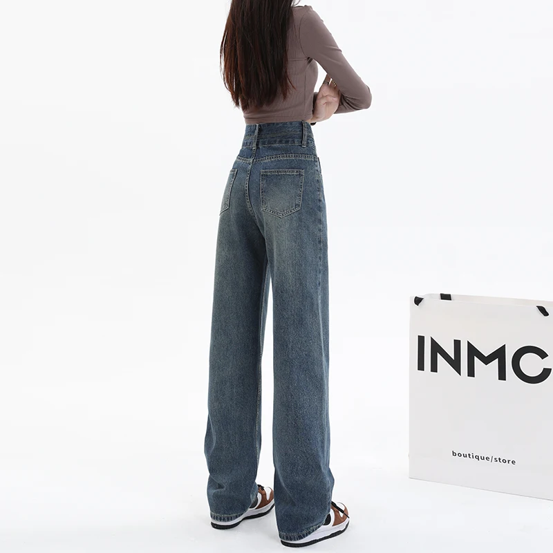 XS-2XL Size Straight Loose Wide Leg Jeans for Women High Waist Casual Fashion All-match Pockets Denim Trousers Retro Blue Female