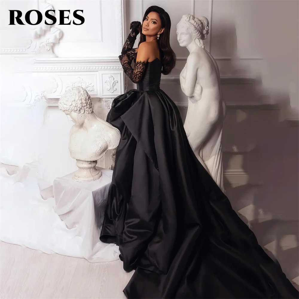 ROSES A Line Black Prom Dresses Sweetheart Stain Party Dresses Pleat Side Split robes du soir Sleeveless Wedding Darty Dresses