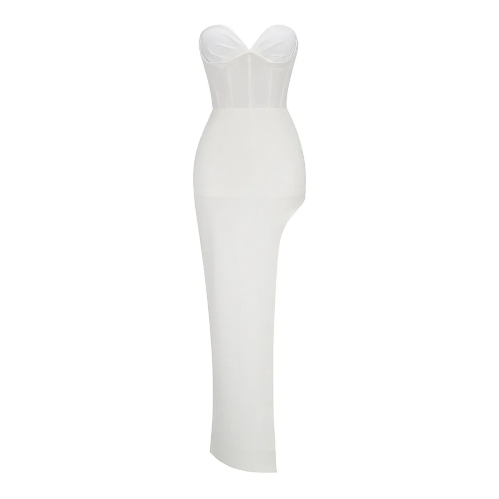 

Белое элегантное платье, привлекательное Сетчатое лоскутное платье без бретелек для дня рождения для женщин, весна 2024, вечернее платье с высоким разрезом, женская одежда