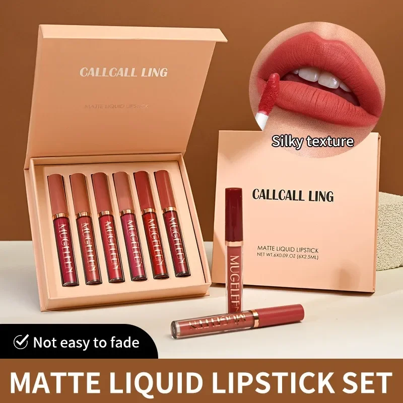 6-Colors Matte Lip Gloss Set Smooth Long-Lasting Moisturizing Waterproof Lipstick Holiday Gift Box
