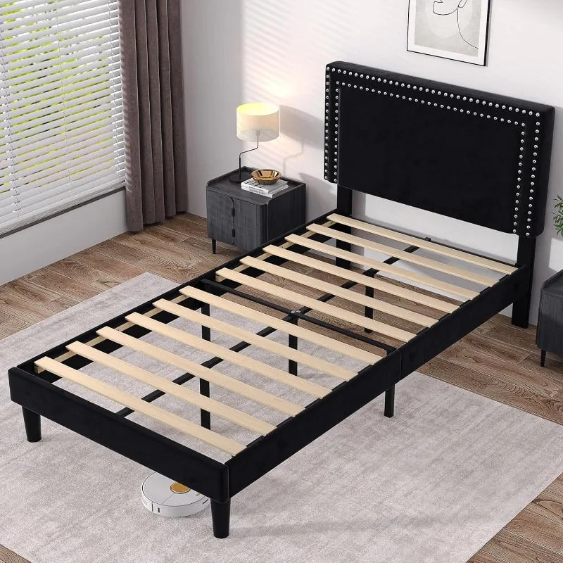 Double size platform bed frame adjustable cushioned headboard, sturdy wooden strip support, easy to assemble 6