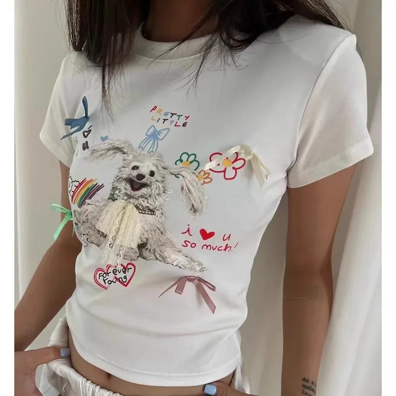 

2024 Summer New Puppy Print 3D Bow Short Sleeve Shoulder T-shirt Women's Slim Fit Short Round Neck Tee Top Female Clothing