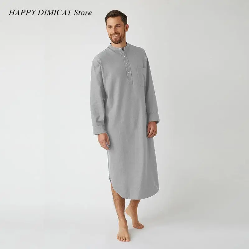 Solid Color Sleep Robe Leisure Men\'s Stand Collar Muslim Nightgown Home Wear Long Sleeve Pocket Buttons Down