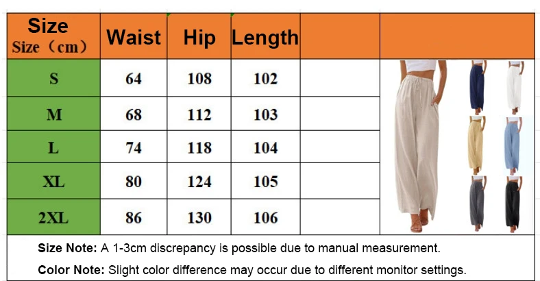 Women’s summer linen wide leg high waist drawstring casual palazzo pants with pockets chart