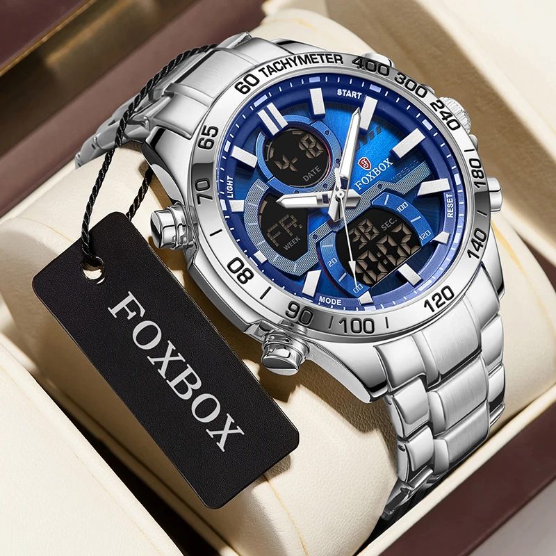 FOXBOX Watches For Men Luxury Brand Digital Chronograph Sport Quartz Wrist Watch Waterproof Military Steel Band Luminous Clock