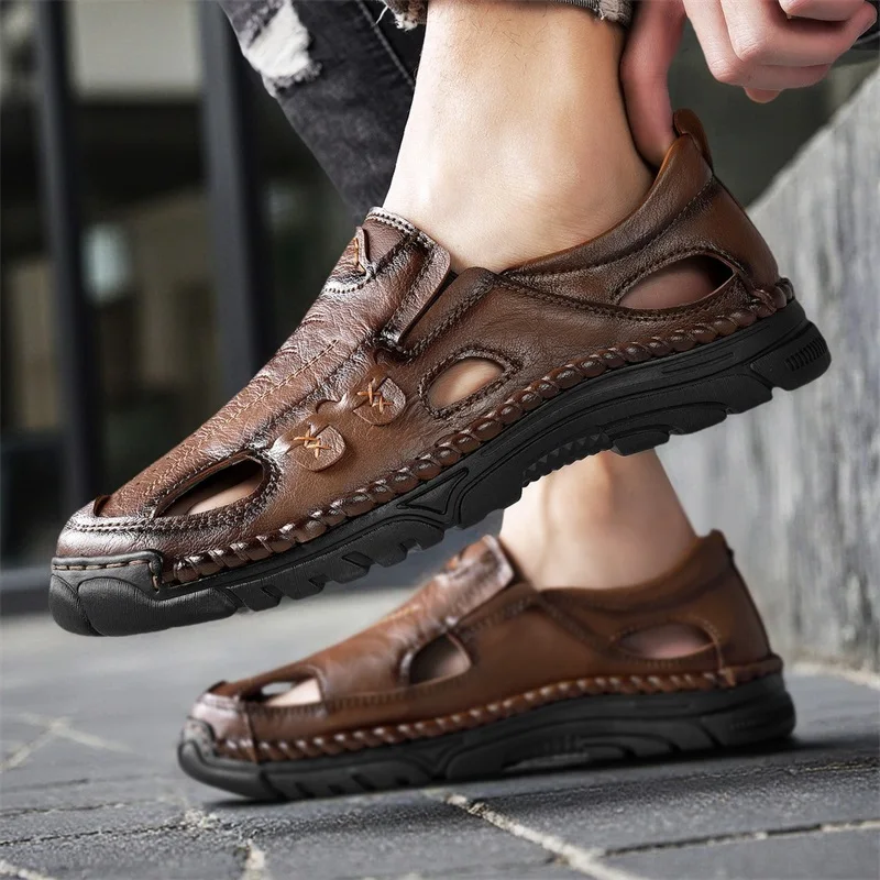 Fashion Men's Retro Casual Leather Vintage Sandals Comfortable Outdoor Walking Shoes Beach Flats Hollow Out Man Sneakers_vogvips.com