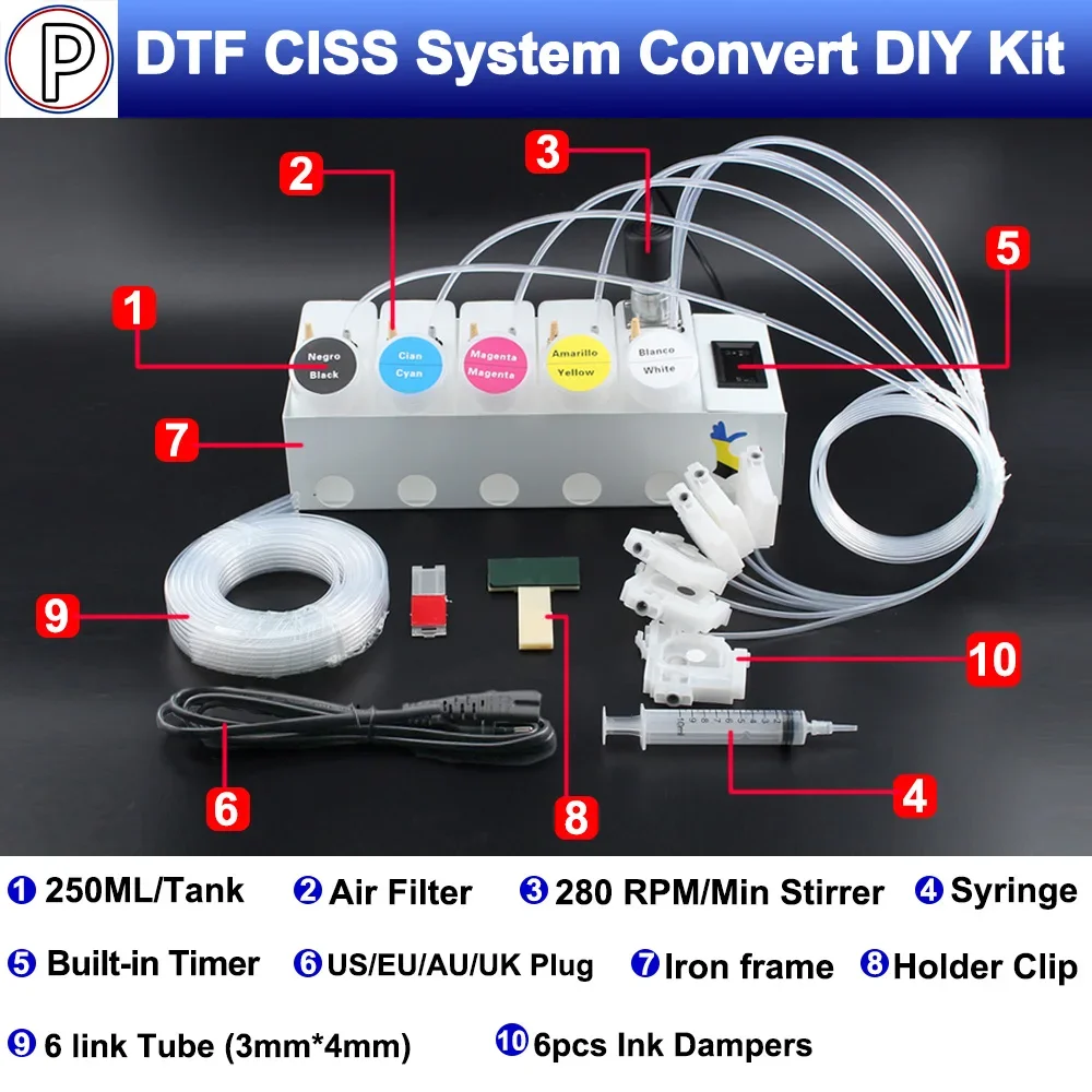 250ML DTF 잉크 시스템 CISS(댐퍼 포함) Epson L800 L805 L1800용 흰색 잉크 탱크 교반기 내장 타이머 포함