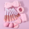 The 17PCS makeup brush set includes a multi-functional makeup set brush, a sponge egg powder puff, and a hair band/wrist strap