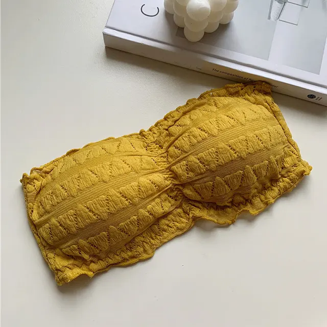 2021 Female Summer Crop Tank Top Women Fashion Deep V Lace Bras Embroidery Floral Tank Top Bra Wrapped Chest Camisole Padded Bra yellow 6