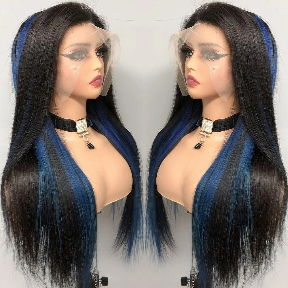 

Straight Colored Lace Front Wig Human Hair Wigs Highlight Blue Black Mixed 4x4 5x5 Glueless Wig 13x4 13x6 Hd Lace Frontal Wig