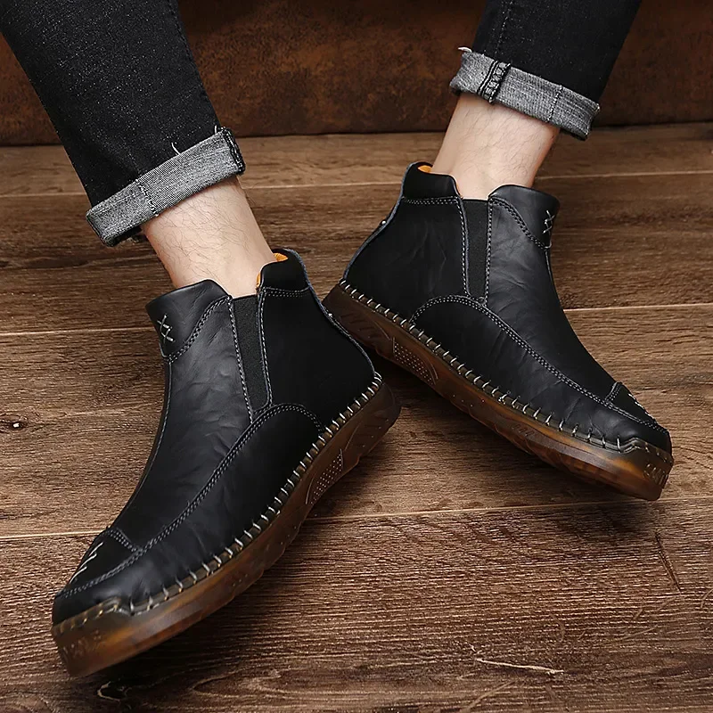 Autumn Winter Elegant Chelsea Boots Leather Men Shoes Round head Luxury designer Ankle boots Anti slip black Slip-on Big Size 47 chelsea boots