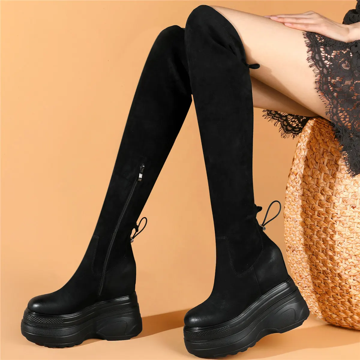 

Platform Pumps Women Lace Up Genuine Leather Wedges High Heel Over The Knee Boots Female Round Toe Fashion Sneakers Casual Shoes