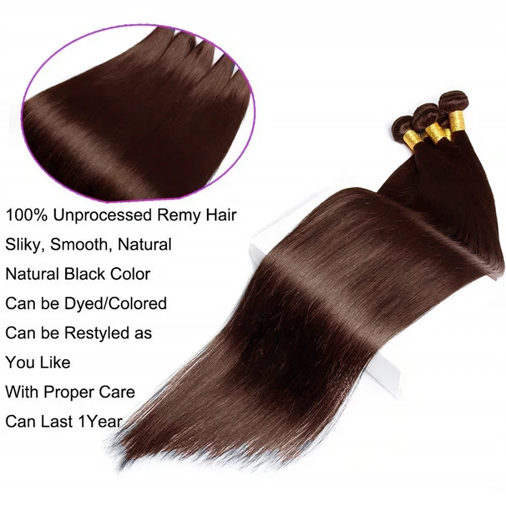 Color #4 Bone Straight Human Hair Extension Chocolate Brown Peruvian 100% Human Hair 1/3 Bundles Deal Weave Remy Extensions