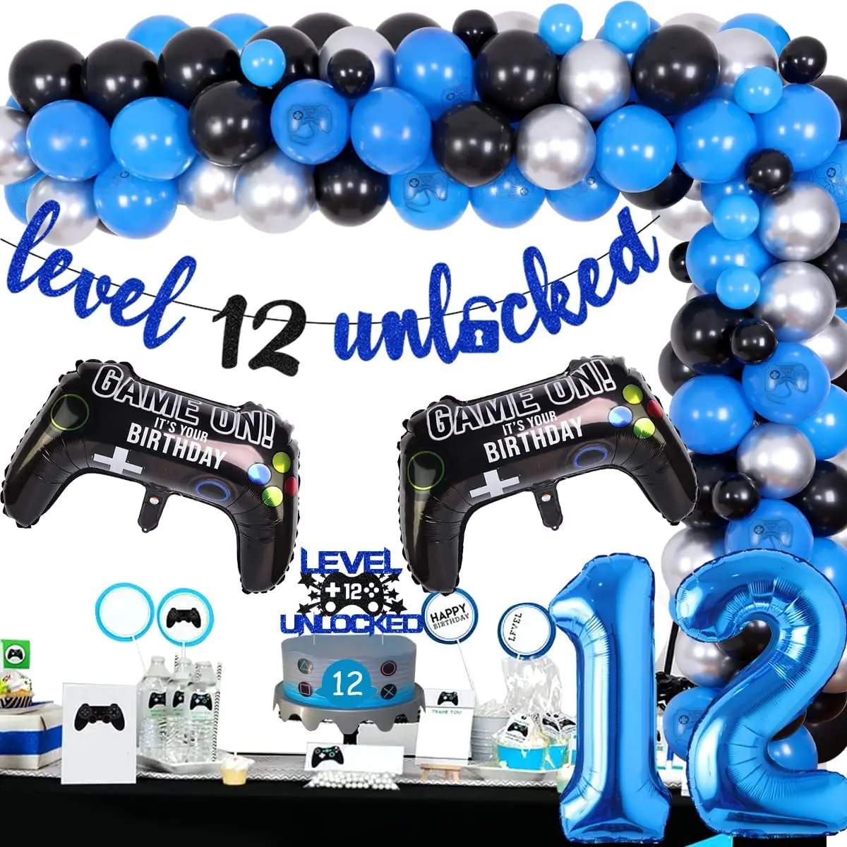 

Video Game 12th Birthday Party Decorations for Boys Level Up 12 Banner GamePad Balloons for Unlocked 12 Years Old Gaming Decor